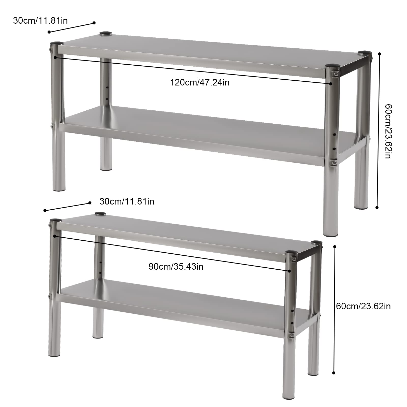 Double Overshelf, Double Tier Stainless Steel Overshelf, 36 in. Length x 12 in. Width Double Deck Overshelf, Height Adjustable Overshelf for Prep & Work Table in Kitchen, Restaurant(2 pieces,Silver)