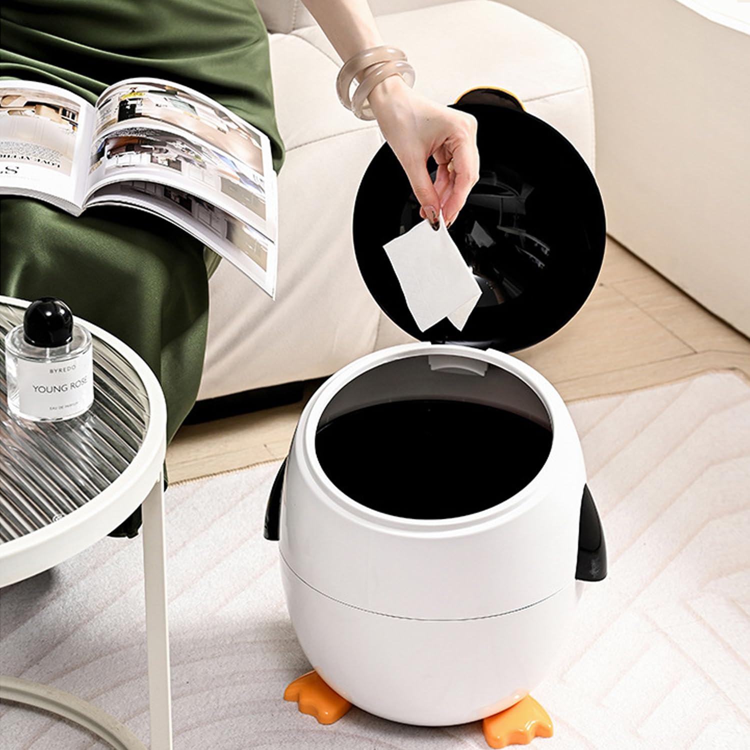 Aiabaleaft Cartoon Penguin Plastic Trash Can with Lid Bedroom Large Capacity Wastebasket Storage Container for Home Kitchen Dressing Office Kids Bedroom