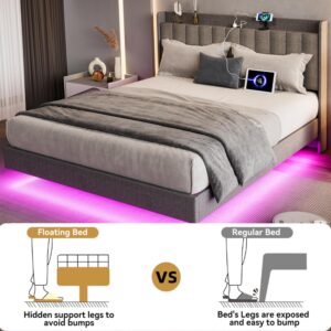 GarveeHome King Floating Bed Frame with Charging Station & Storage Headboard, Upholstered Platform King Size Bed Frame with LED Lights, Solid Wood Slats, Gray