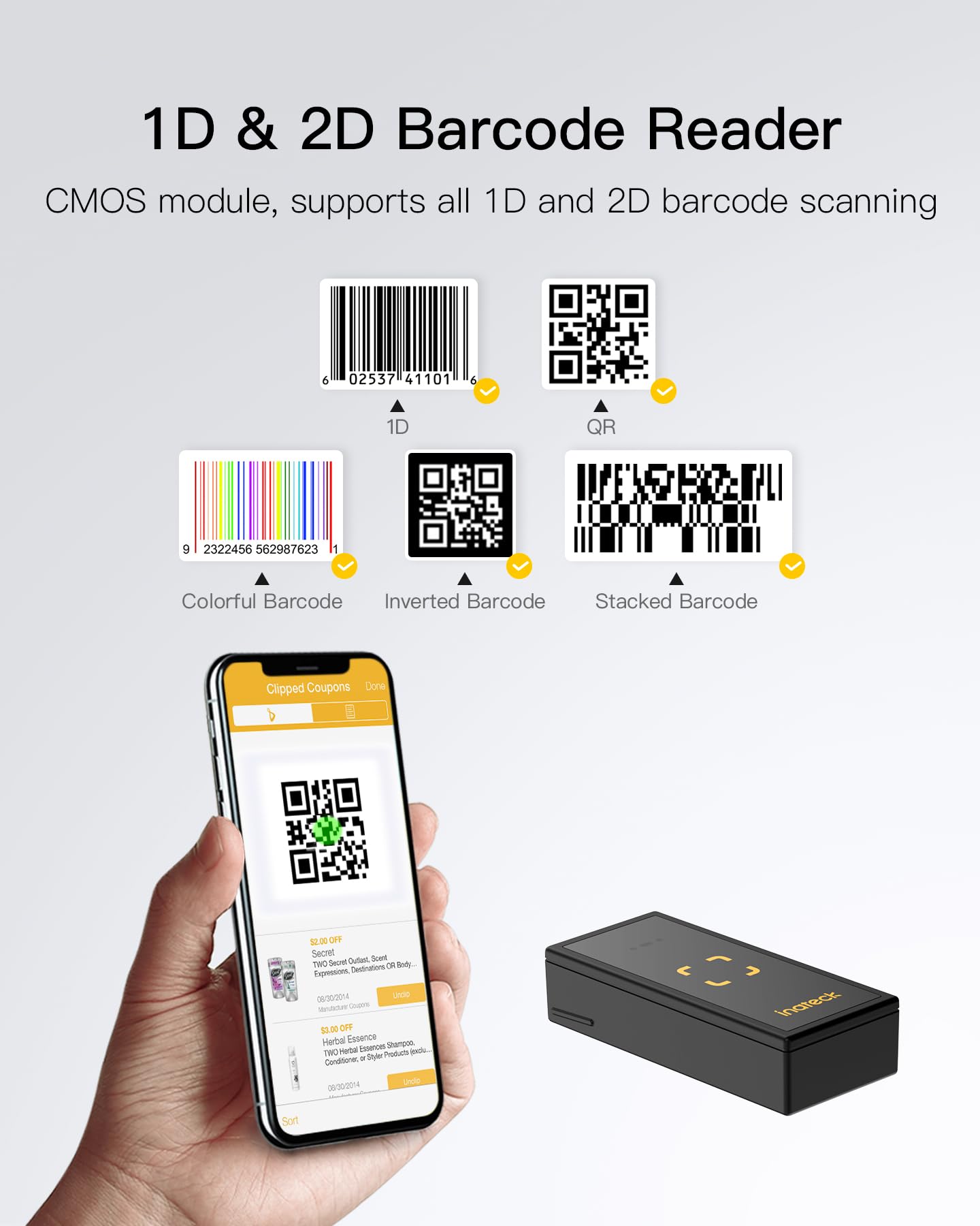 Inateck Barcode Scanner Bluetooth, 1D 2D QR Code Scanner Kabellos 2.4GHz, Portable Wireless Barcode-Scanner Laser, Mini Handscanner with APP and SDK, BCST-46