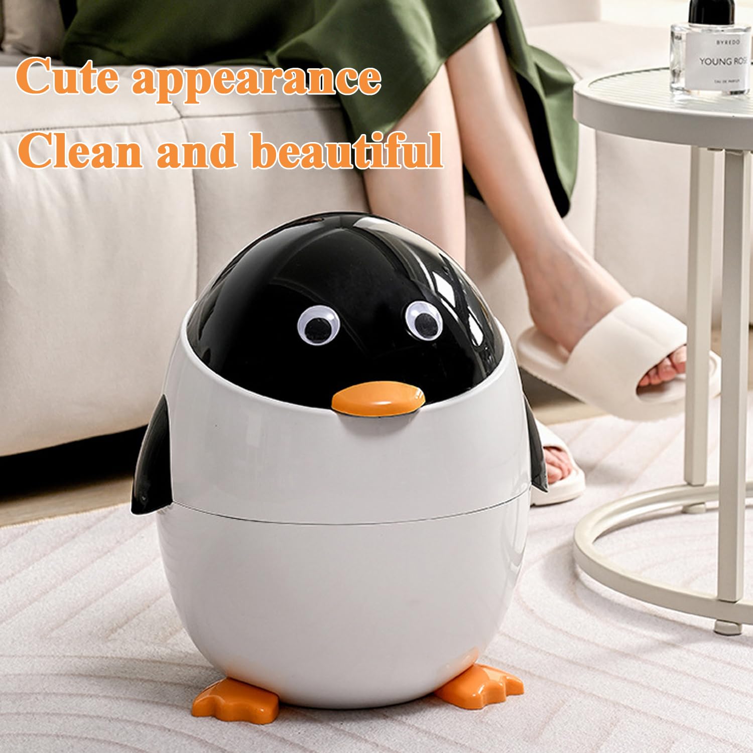 Aiabaleaft Cartoon Penguin Plastic Trash Can with Lid Bedroom Large Capacity Wastebasket Storage Container for Home Kitchen Dressing Office Kids Bedroom