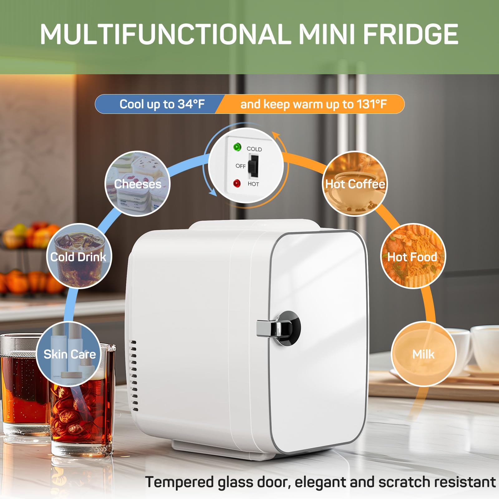 Zibbizo Upgraded Mini Fridge Small Portable Refrigerator for Skincare, Bedroom, Dorm, Office, Car, Compact 4L/6 Can Cooler & Warmer for Food, Drinks, White