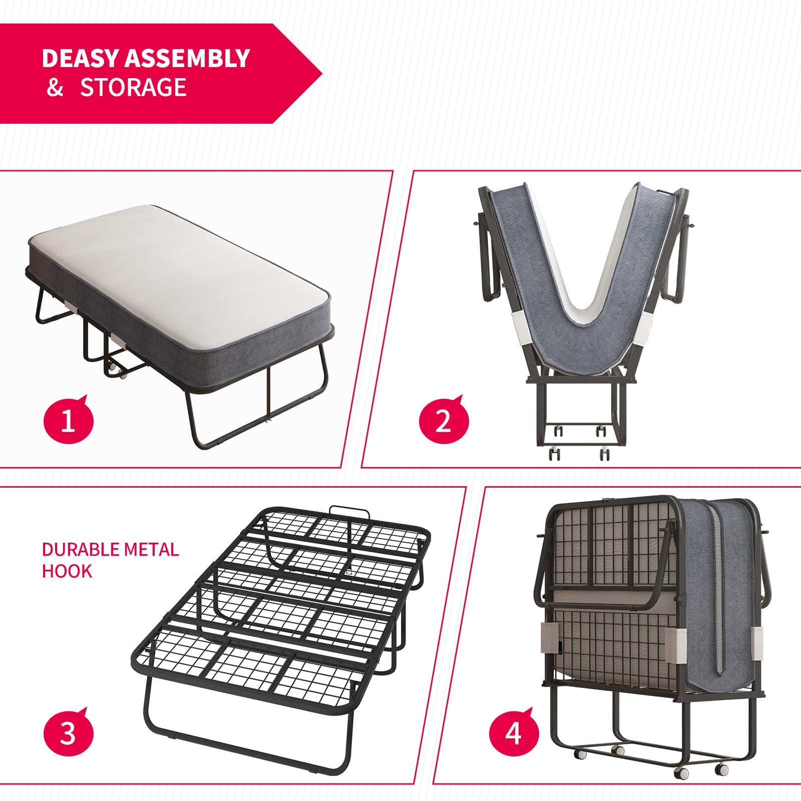 MUZZ Rollaway Bed with 5" Memory Foam Mattress, Portable Foldable Bed with 4 Lockable Wheels, Folding Guest Bed for Adults with Study Metal Frame for Living Room,Guest Room (75" x 51")