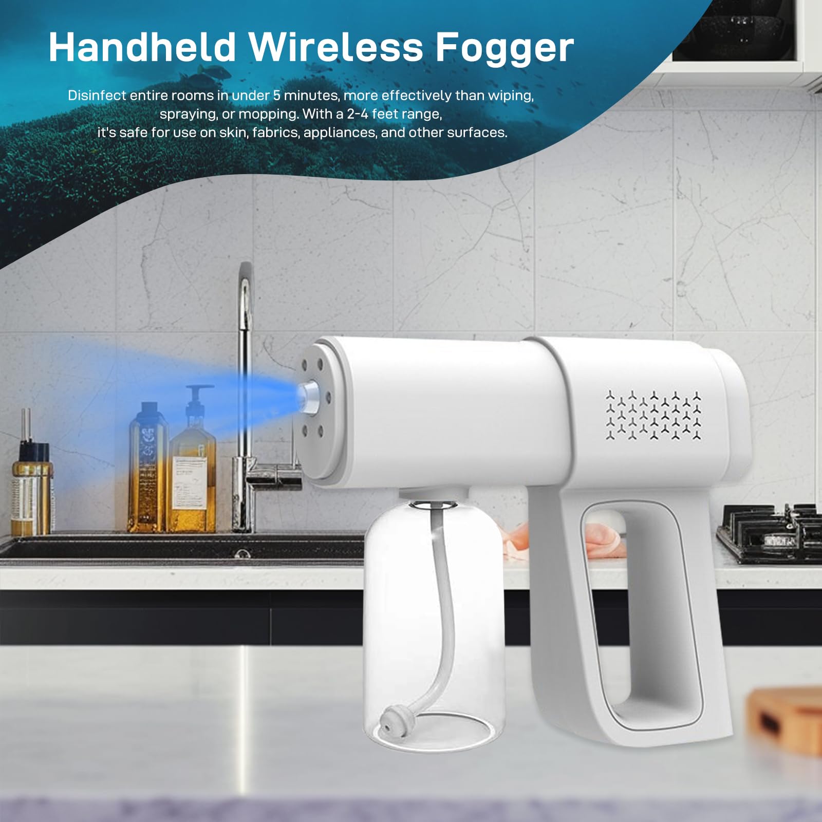 Professional Disinfectant Fogger Machine, 380ml Wireless Nano Sprayer Gun Handheld Sanitizer Fogger, Blue Light Foggers for Touchless Sanitization