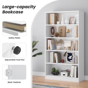 STARY 60 Inch Tall Bookcase,5-Shelf Bookshelf,Adjustable Shelves for Home Office,White