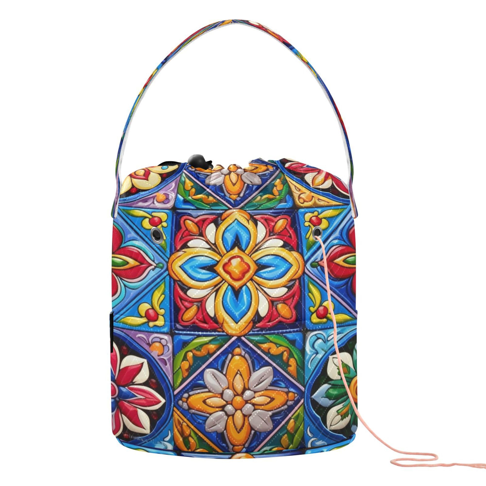 PYBUG Mexican Talavera Yarn Storage Tote with Knitting Accessories Pockets Portable Large Capacity Travel Knitting Bag Crochet Organizer for Crocheting