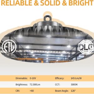 4 Pack 500W UFO Led High Bay Light 72500lm 5000K 1-10V Dimmable High Bay Led Lights Led High Bay Lights Alternative to 1600W MH/HPS for Gym Factory Warehouse Shop Garage