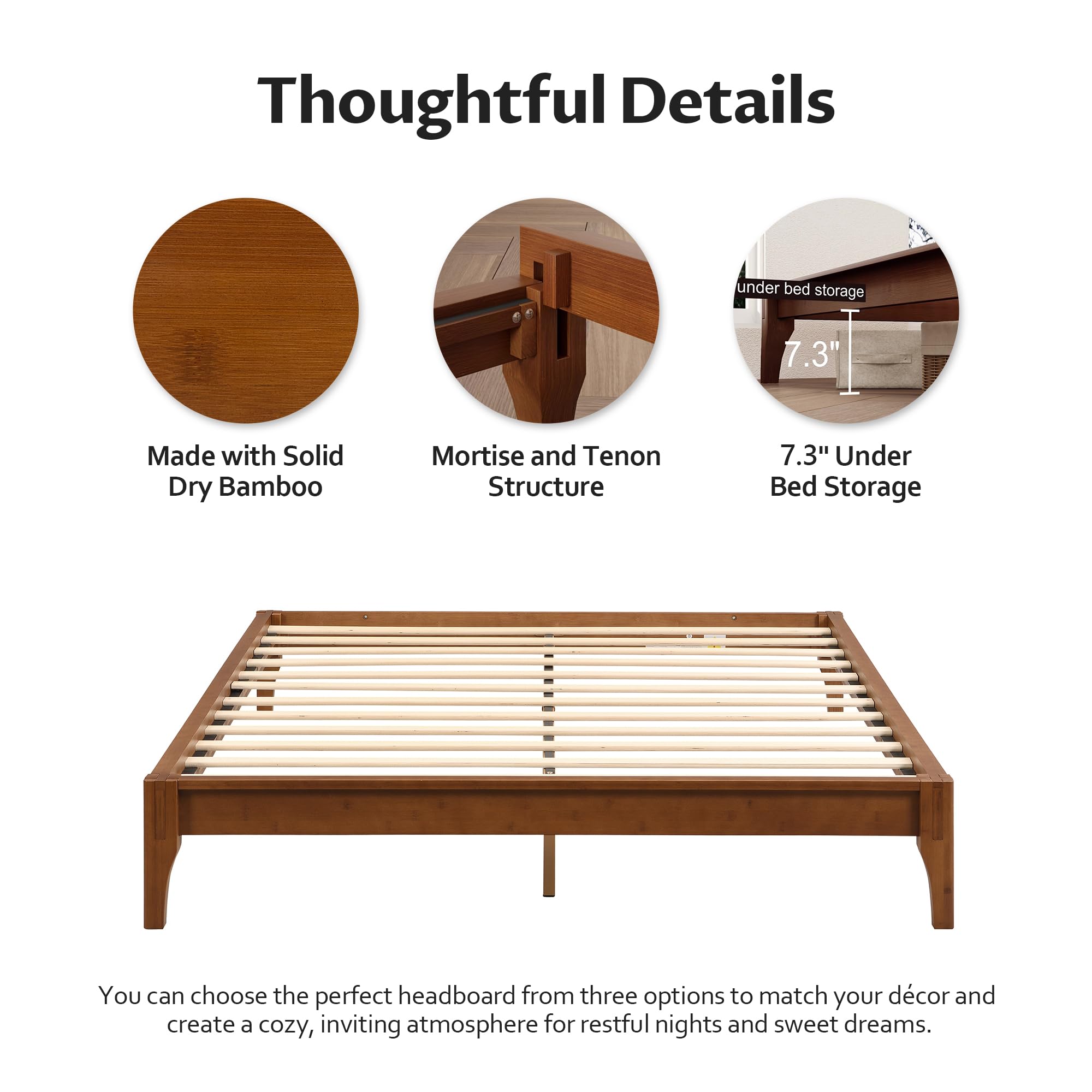 Merax Mid-Century Bamboo Platform Bed, Queen Size Bed Frame with Wood Slat Support, No Box Spring Needed, Easy Tool-Free Assembly, Brown