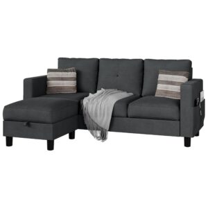 JAMFLY Sectional Sofas Couches for Living Room, L Shaped Couch with Storage Sofa Set, Small Couches for Small Spaces with Movable Ottoman, Black