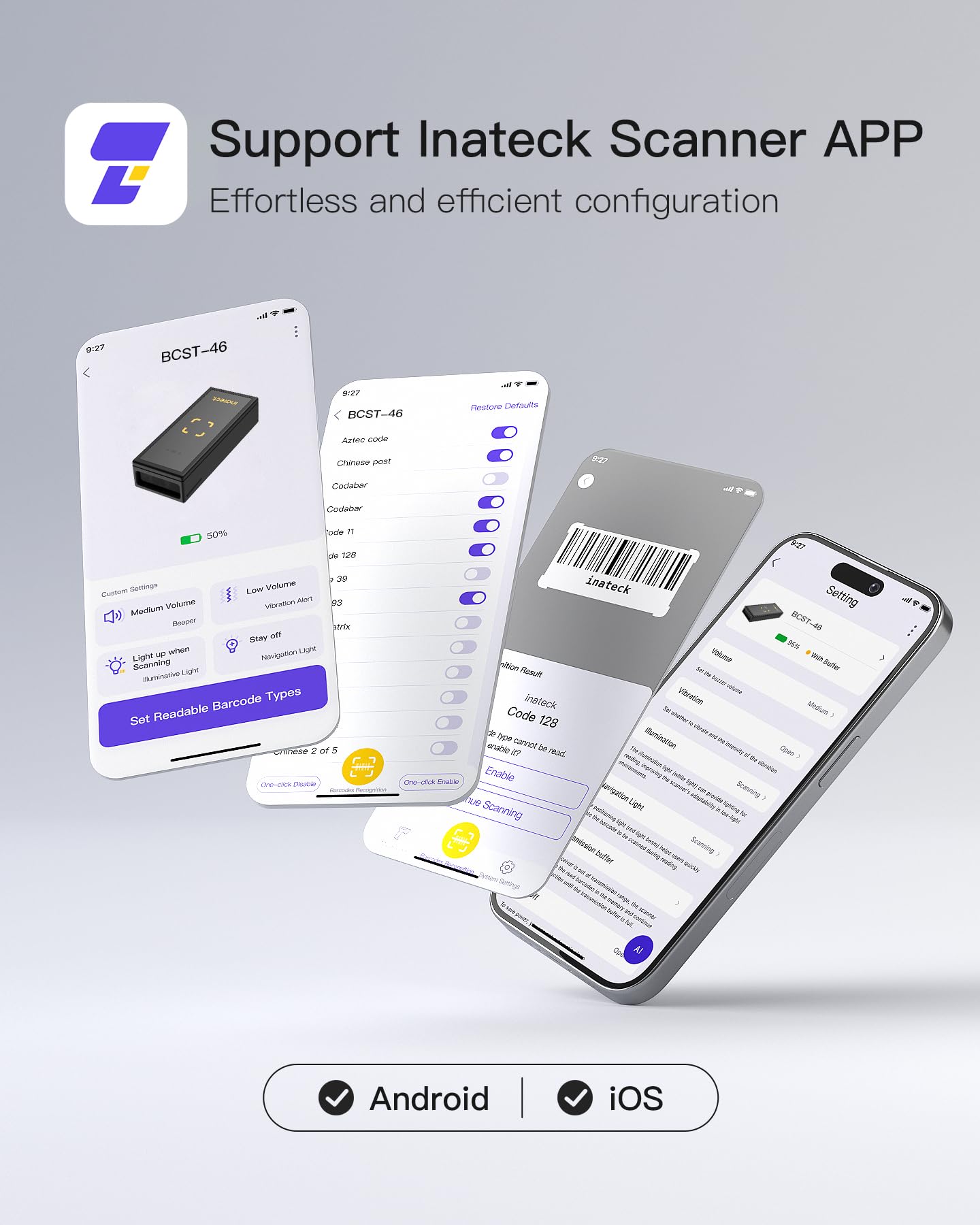 Inateck Barcode Scanner Bluetooth, 1D 2D QR Code Scanner Kabellos 2.4GHz, Portable Wireless Barcode-Scanner Laser, Mini Handscanner with APP and SDK, BCST-46