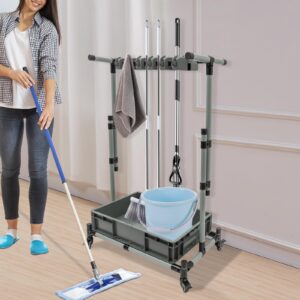 Movable Mop Broom Holder, Floor Mounted Cleaning Tool Cart with Wheels, 10 Slots with Hooks, Height Adjustable Cleaning Supplies Organizer Janitor Carts, Housekeeping Station Storage Tools