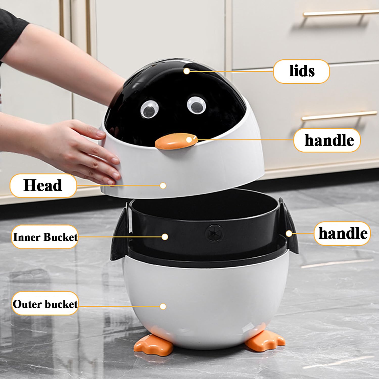 Aiabaleaft Cartoon Penguin Plastic Trash Can with Lid Bedroom Large Capacity Wastebasket Storage Container for Home Kitchen Dressing Office Kids Bedroom