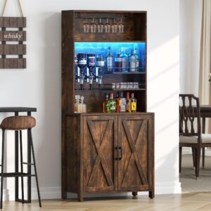 DWVO Farmhouse Bar Cabinet w/LED Lights, 71" Liquor Cabinet for Glasses, Tall Wine Bar Cabinet w/ 4-Bottle Liquor Dispenser & Wine Rack, Kitchen Storage Cabinet for Living Room, Rustic Brown