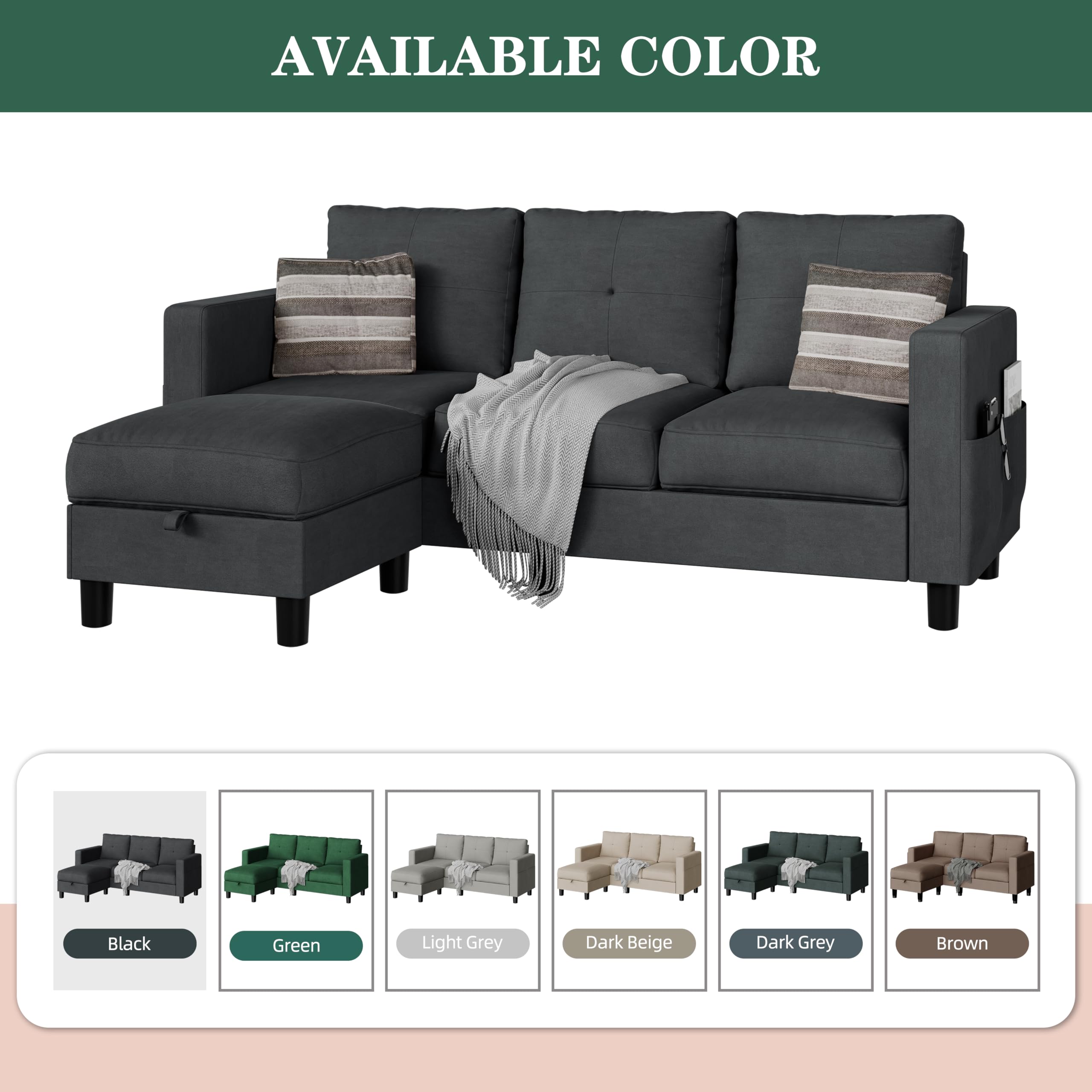 JAMFLY Sectional Sofas Couches for Living Room, L Shaped Couch with Storage Sofa Set, Small Couches for Small Spaces with Movable Ottoman, Black