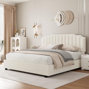 Full Size Bed Frame, Upholstered Lift Up Bed Frame with Button Tufted Headboard, Velvet Platform Bed with Solid Wooden Slats Support, No Box Spring Needed, Beige