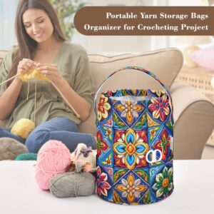 PYBUG Mexican Talavera Yarn Storage Tote with Knitting Accessories Pockets Portable Large Capacity Travel Knitting Bag Crochet Organizer for Crocheting