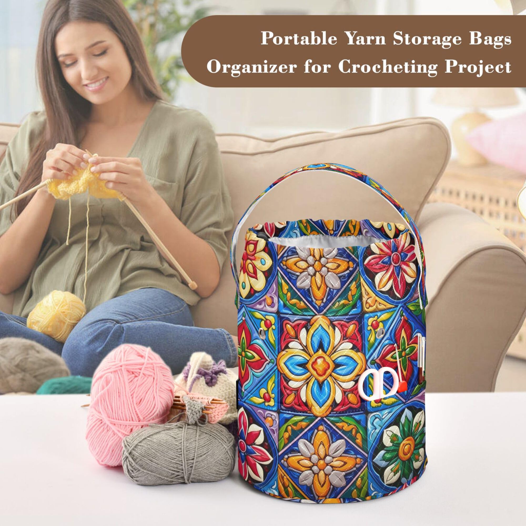 PYBUG Mexican Talavera Yarn Storage Tote with Knitting Accessories Pockets Portable Large Capacity Travel Knitting Bag Crochet Organizer for Crocheting