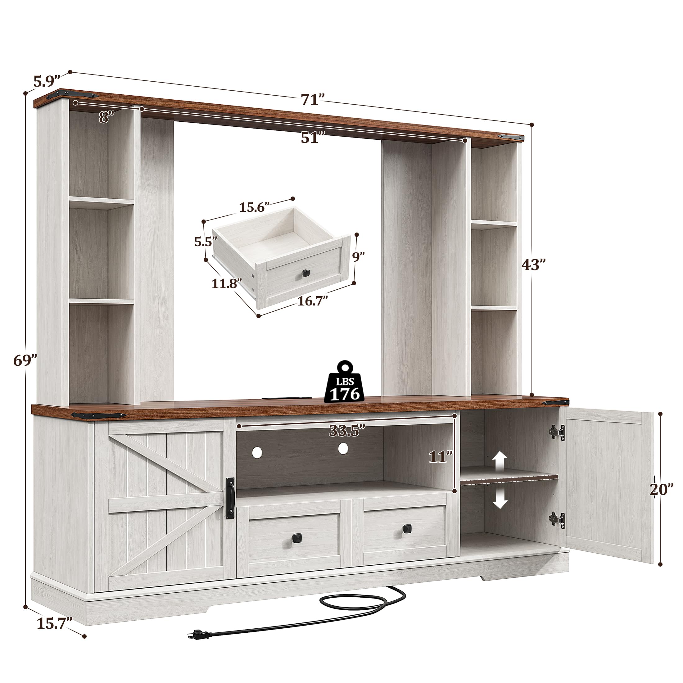 EnHomee Wood TV Stand,Wall Unit Entertainment Center with Ample Storage Space and Adjustable Shelves, TV Stands for Living Room Up to 65'', TV Console with 2 LED Lights & Power Outlets, White