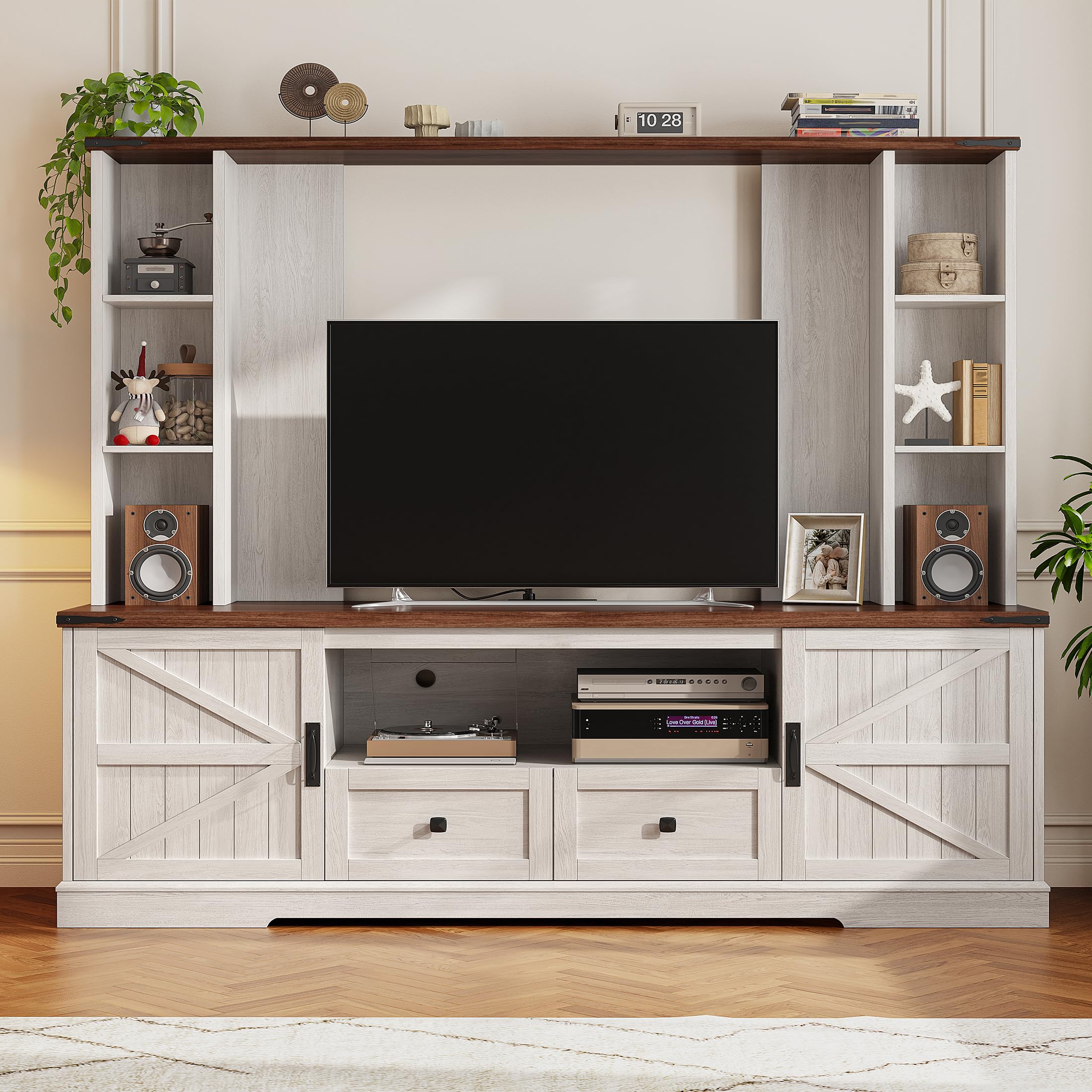 EnHomee Wood TV Stand,Wall Unit Entertainment Center with Ample Storage Space and Adjustable Shelves, TV Stands for Living Room Up to 65'', TV Console with 2 LED Lights & Power Outlets, White