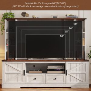 EnHomee Wood TV Stand,Wall Unit Entertainment Center with Ample Storage Space and Adjustable Shelves, TV Stands for Living Room Up to 65'', TV Console with 2 LED Lights & Power Outlets, White