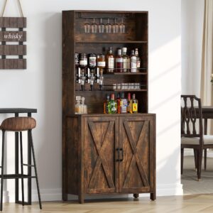 DWVO Farmhouse Bar Cabinet w/LED Lights, 71" Liquor Cabinet for Glasses, Tall Wine Bar Cabinet w/ 4-Bottle Liquor Dispenser & Wine Rack, Kitchen Storage Cabinet for Living Room, Rustic Brown