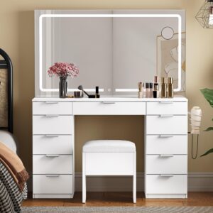 yitahome makeup vanity with led illuminated mirror & power outlet, 46'' vanity desk set boasting 11 drawers, dressing table with storage bench for bedroom, 3 lighting color adjustable, off white