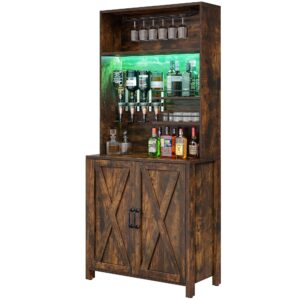 DWVO Farmhouse Bar Cabinet w/LED Lights, 71" Liquor Cabinet for Glasses, Tall Wine Bar Cabinet w/ 4-Bottle Liquor Dispenser & Wine Rack, Kitchen Storage Cabinet for Living Room, Rustic Brown