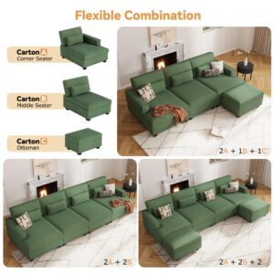 Brelice Oversized Modular Sectional Sofa, 142 inch Corduroy I Shaped Couch Sofa with Adjustable Seat Depth, 4 Seat Cloud Sofa Extra Large Deep Seat Couch for Living Room, Office or Apartment, Green