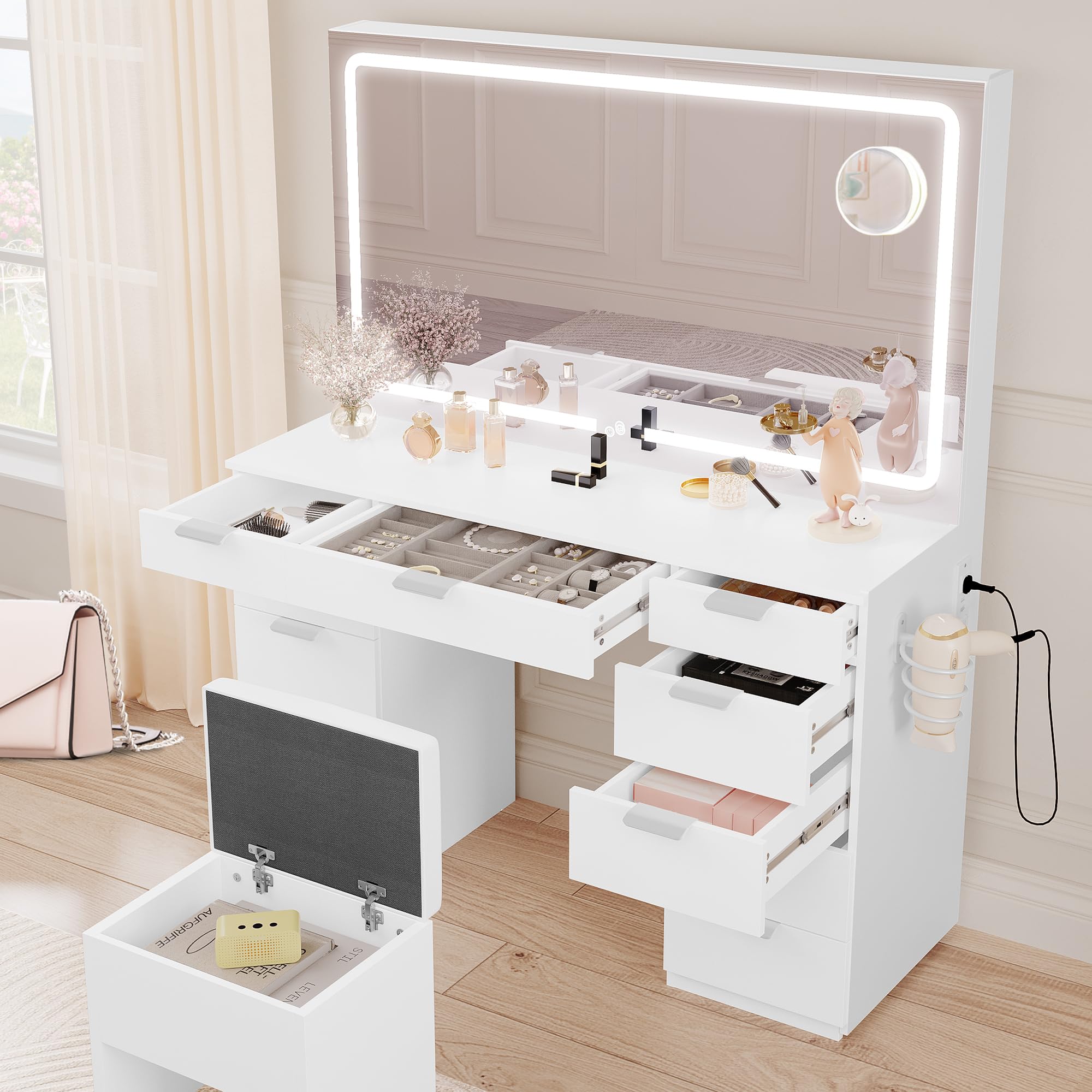 YITAHOME Makeup Vanity with LED Illuminated Mirror & Power Outlet, 46'' Vanity Desk Set Boasting 11 Drawers, Dressing Table with Storage Bench for Bedroom, 3 Lighting Color Adjustable, Off White