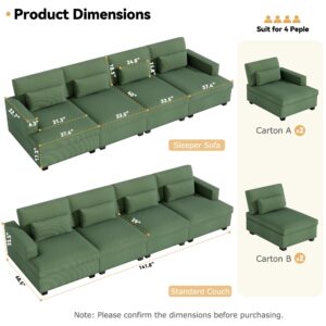 Brelice Oversized Modular Sectional Sofa, 142 inch Corduroy I Shaped Couch Sofa with Adjustable Seat Depth, 4 Seat Cloud Sofa Extra Large Deep Seat Couch for Living Room, Office or Apartment, Green