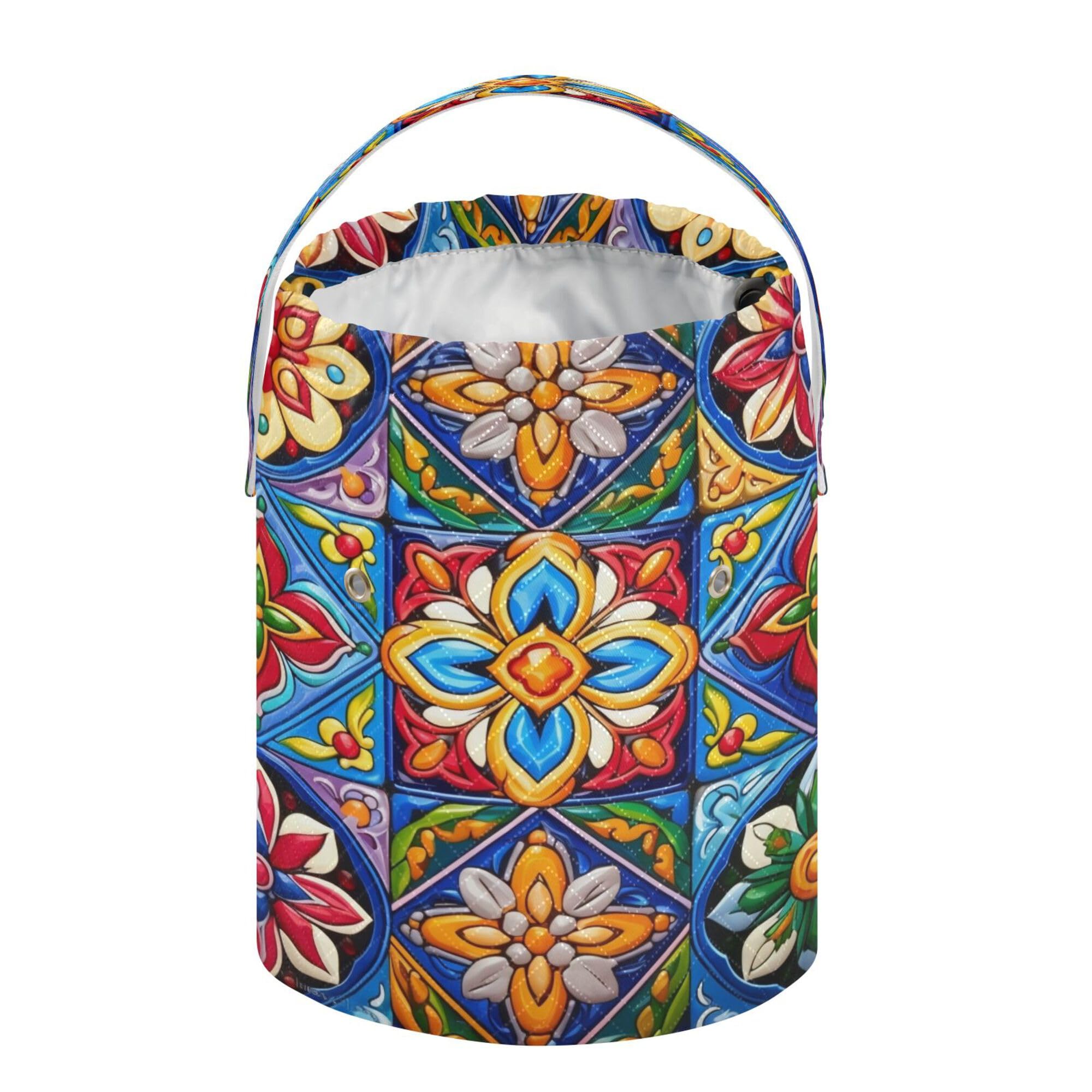 PYBUG Mexican Talavera Yarn Storage Tote with Knitting Accessories Pockets Portable Large Capacity Travel Knitting Bag Crochet Organizer for Crocheting