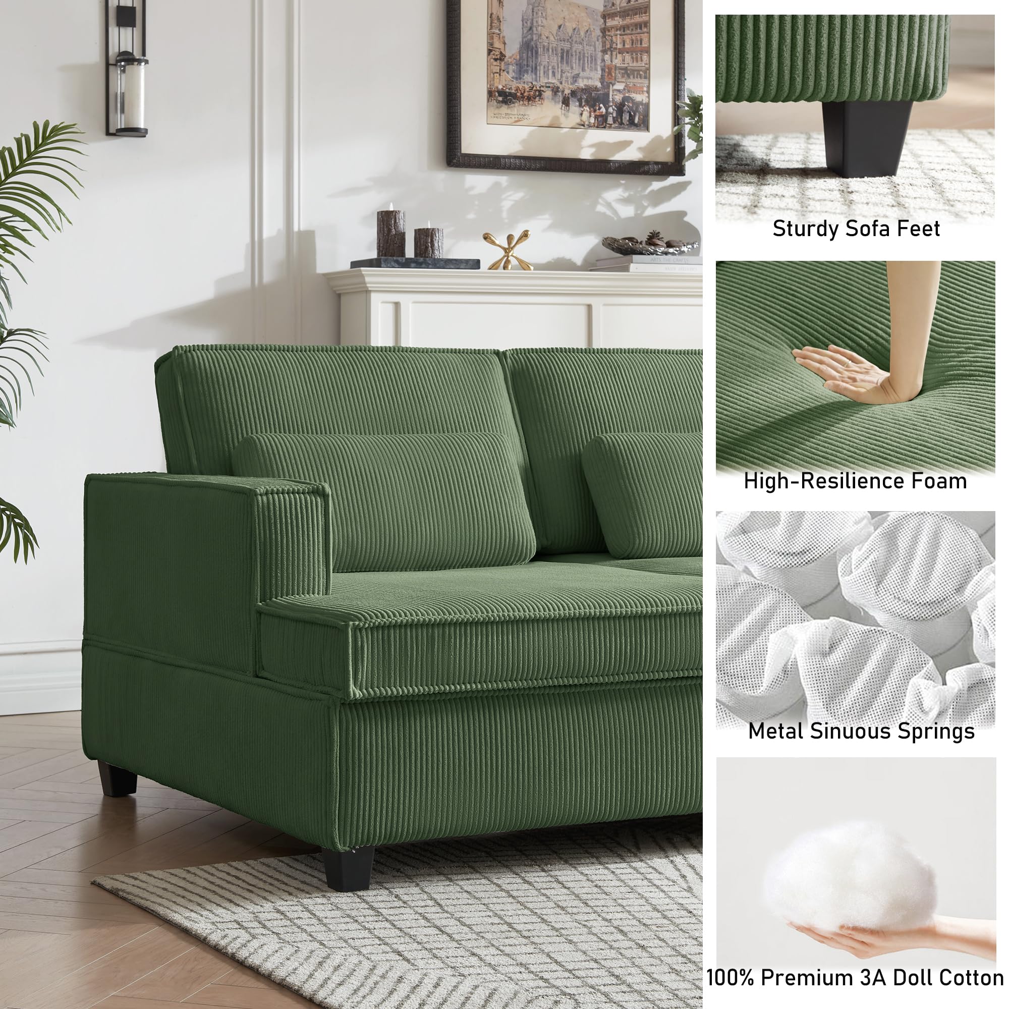 Brelice Oversized Modular Sectional Sofa, 142 inch Corduroy I Shaped Couch Sofa with Adjustable Seat Depth, 4 Seat Cloud Sofa Extra Large Deep Seat Couch for Living Room, Office or Apartment, Green