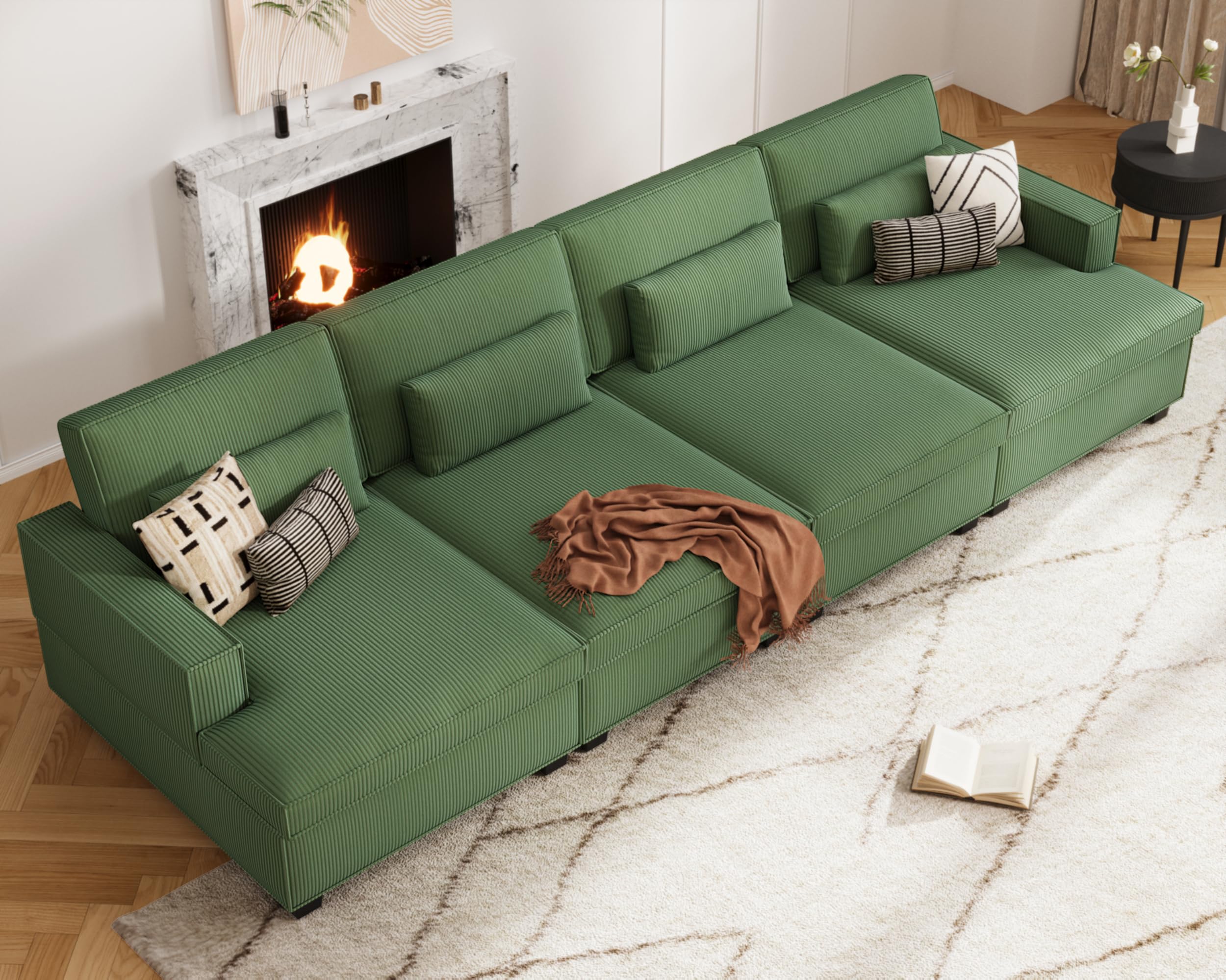 Brelice Oversized Modular Sectional Sofa, 142 inch Corduroy I Shaped Couch Sofa with Adjustable Seat Depth, 4 Seat Cloud Sofa Extra Large Deep Seat Couch for Living Room, Office or Apartment, Green