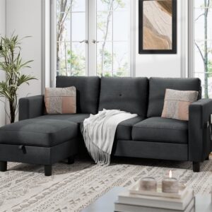 JAMFLY Sectional Sofas Couches for Living Room, L Shaped Couch with Storage Sofa Set, Small Couches for Small Spaces with Movable Ottoman, Black