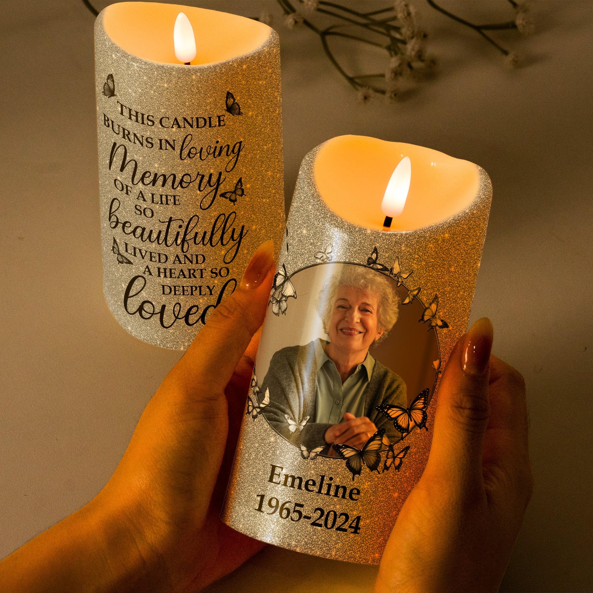 in Loving Memory of A Life So Beautifully Lived Personalized Photo Candle, Custom Photo Memorial Candle for Loss of Loved One, Sympathy Flameless Candles, Bereavement Gift Candles for Prayers