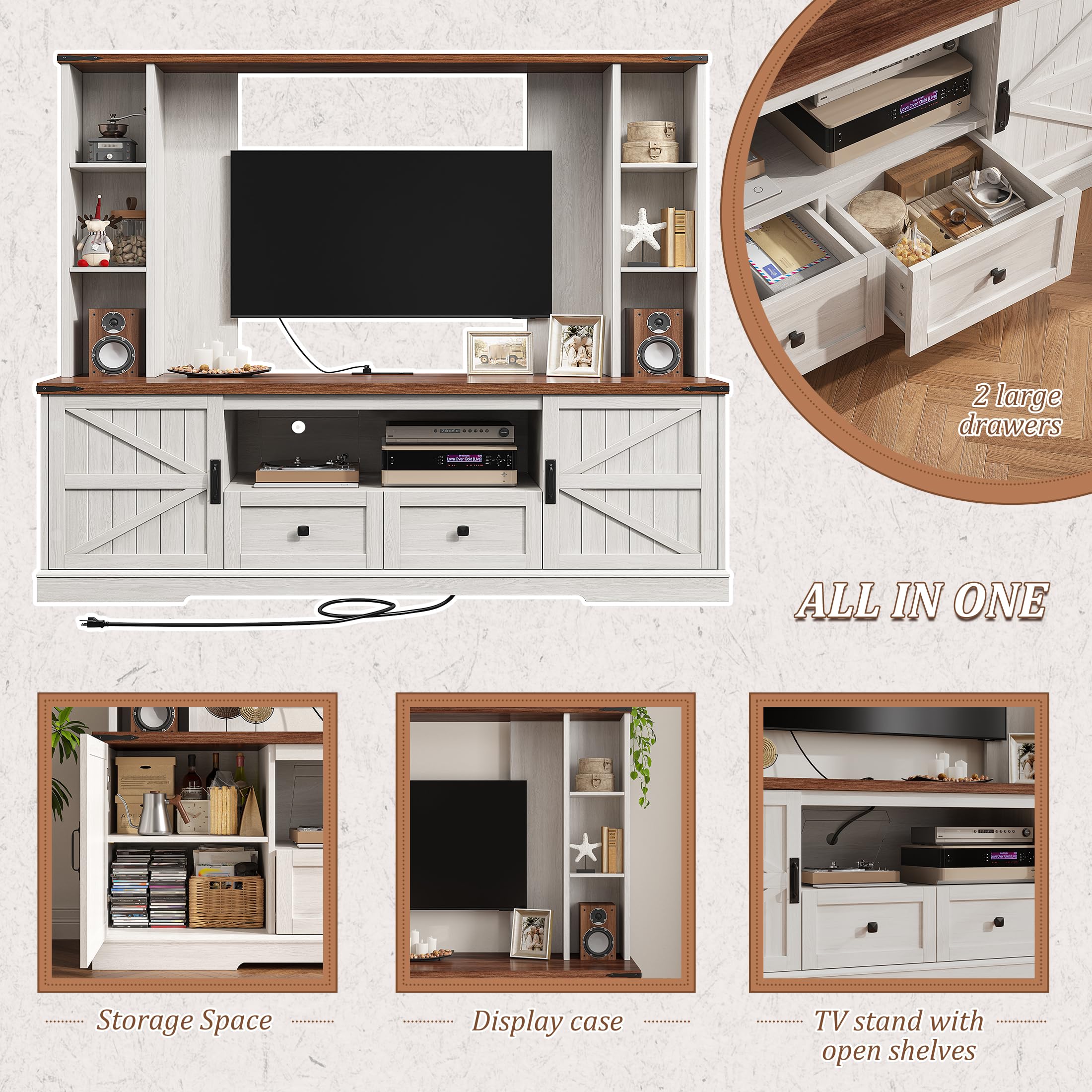 EnHomee Wood TV Stand,Wall Unit Entertainment Center with Ample Storage Space and Adjustable Shelves, TV Stands for Living Room Up to 65'', TV Console with 2 LED Lights & Power Outlets, White