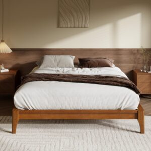 merax mid-century bamboo platform bed, queen size bed frame with wood slat support, no box spring needed, easy tool-free assembly, brown