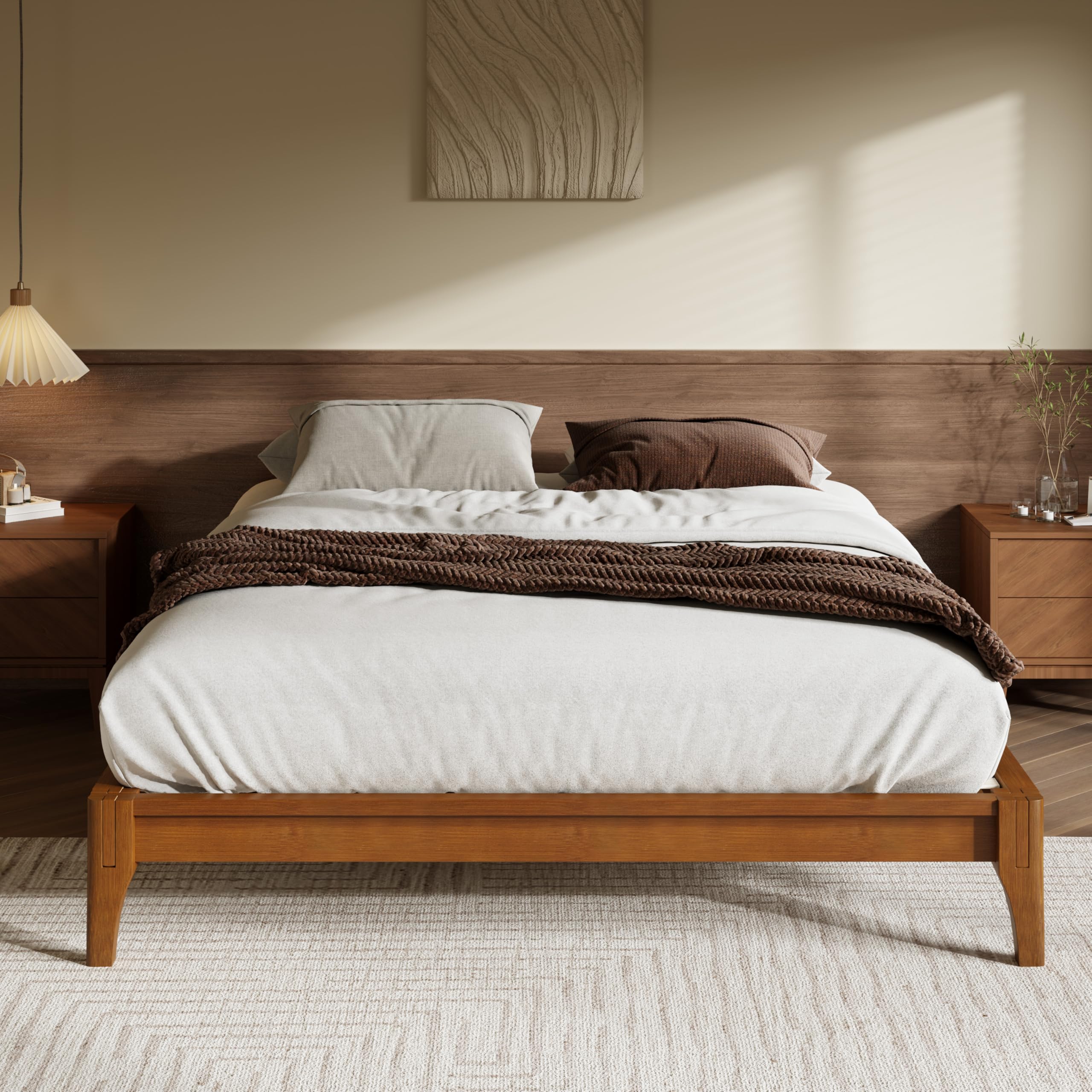 Merax Mid-Century Bamboo Platform Bed, Queen Size Bed Frame with Wood Slat Support, No Box Spring Needed, Easy Tool-Free Assembly, Brown