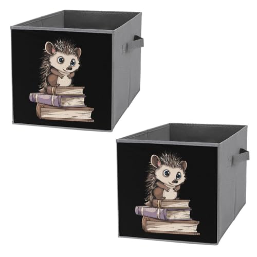 Cute Hedgehog Book Foldable Storage Bins with Handles Storage Cubes Closet Organizer for Living Room Bedroom 2PCS