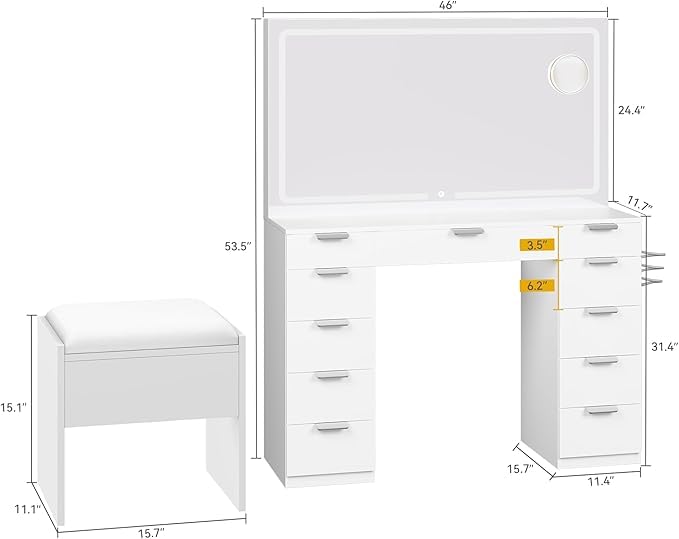 DWVO Vanity Desk with LED-Lit Mirror & Lights, Makeup Vanity Station with 11 Compartments and Magnifier, 46'' Dressing Table with Electrical Socket and Seating Storage for Bedroom, Frost White