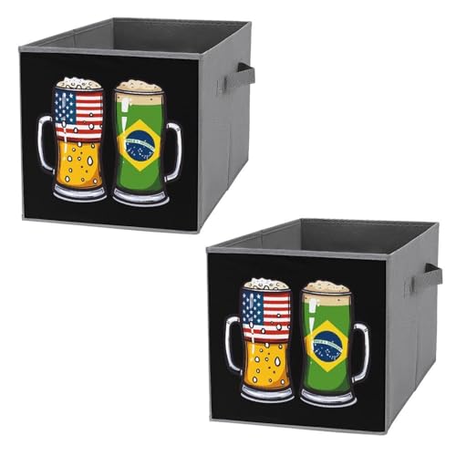 Brazilian Beer USA Brazilian Flag Foldable Storage Bins with Handles Storage Cubes Closet Organizer for Living Room Bedroom 2PCS