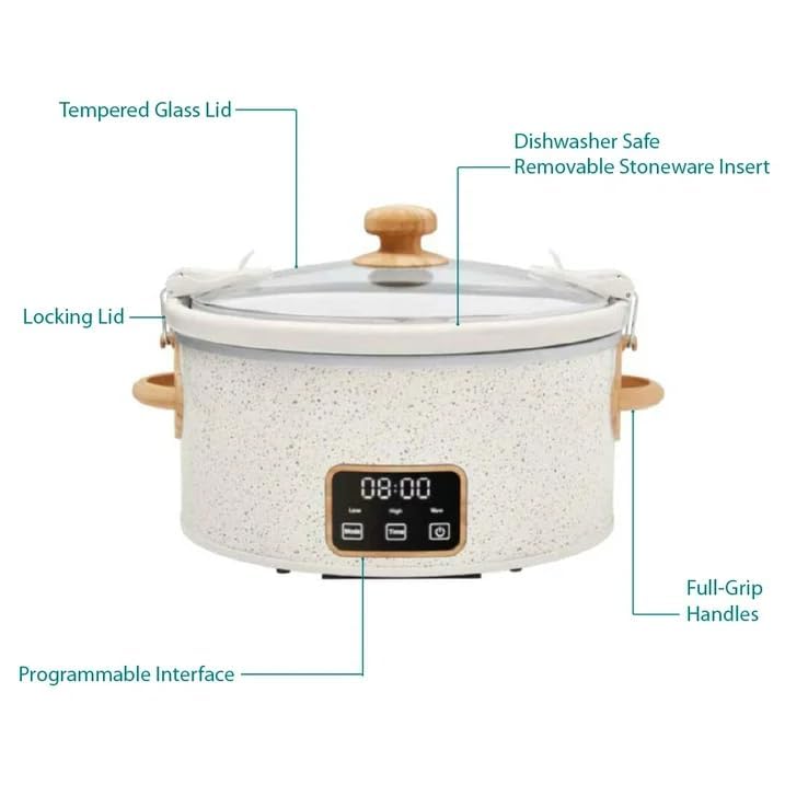 The Pioneers Womans Programmable 6 Qt Digital Slow Cooker with Locking Lid, Touchscreen Controls, Dishwasher Safe, Perfect for Potlucks, Family Meals, Spill-Free Transport (Linen Speckle)