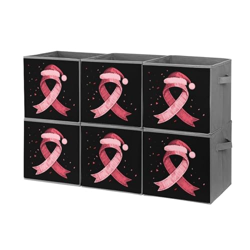 Breast Cancer Christmas Santa Hat Ribbon Foldable Storage Bins with Handles Storage Cubes Closet Organizer for Living Room Bedroom 6PCS