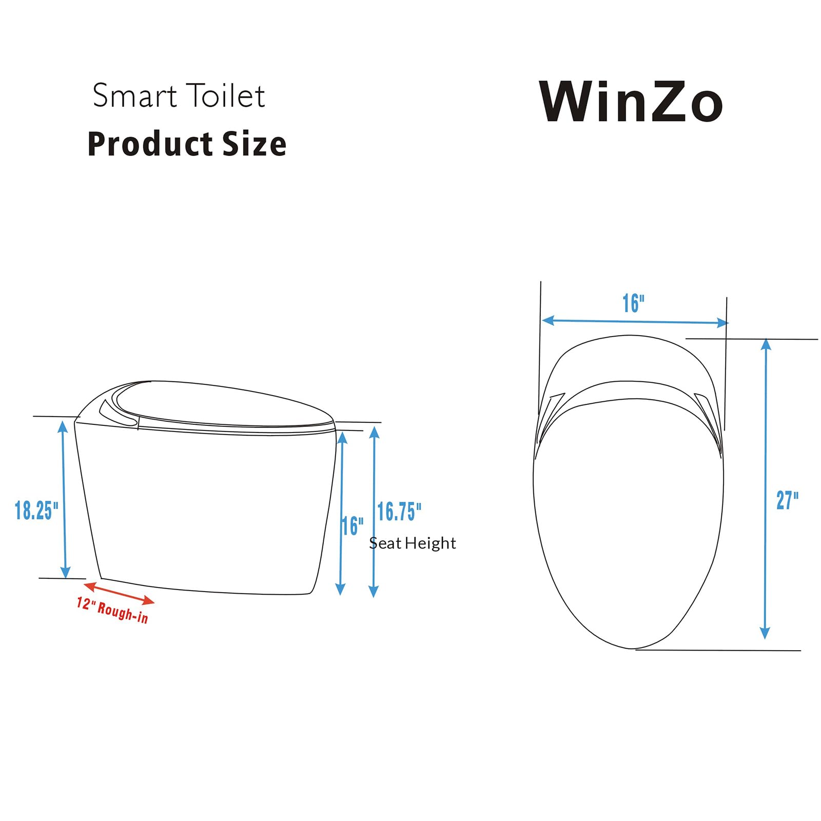 WinZo Luxury Smart Toilet With Bidet Seat, Elongated Egg Shaped Modern Design, Auto Open Auto Flush, Adjusted Heated Seat, Warm Water and Dryer, Night Light, Side Buttons, Grey