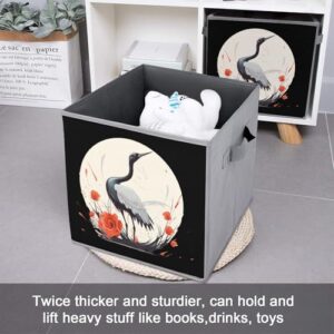 Cute Crane Bird Flowers Rose Foldable Storage Bins with Handles Storage Cubes Closet Organizer for Living Room Bedroom 2PCS