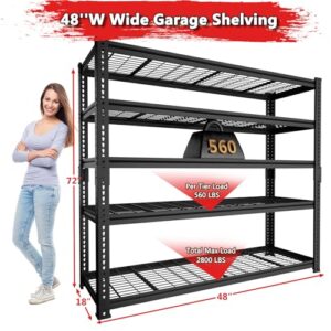 Storage Shelves, Garage Shelving Heavy Duty 2800 LBS Capacity, 48"L x 18"W x 72"H Adjustable Metal Shelving Organizer Wire Rack, 5 Tier Utility Shelf Unit for Pantry Closet Warehouse Organization