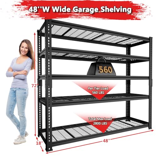 Storage Shelves, Garage Shelving Heavy Duty 2800 LBS Capacity, 48"L x 18"W x 72"H Adjustable Metal Shelving Organizer Wire Rack, 5 Tier Utility Shelf Unit for Pantry Closet Warehouse Organization