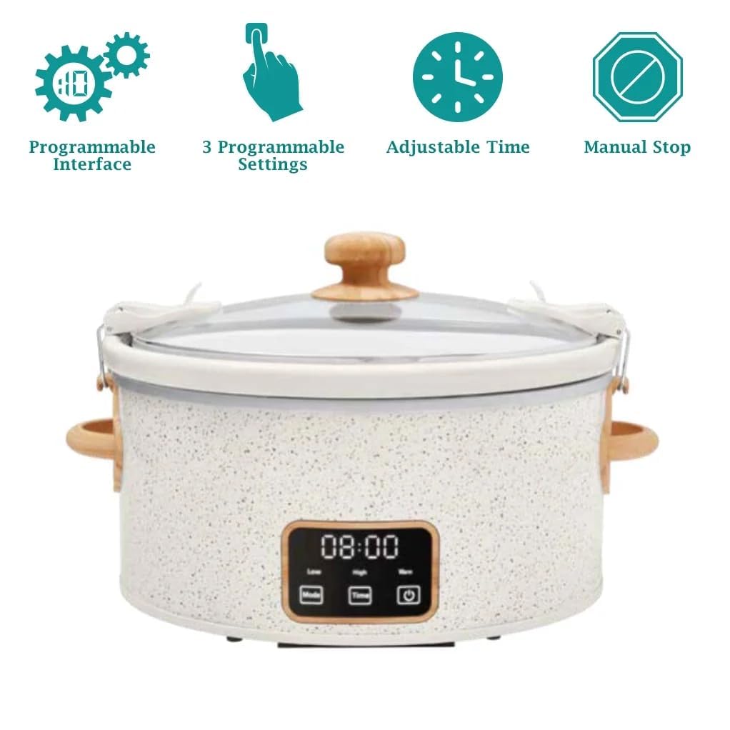 The Pioneers Womans Programmable 6 Qt Digital Slow Cooker with Locking Lid, Touchscreen Controls, Dishwasher Safe, Perfect for Potlucks, Family Meals, Spill-Free Transport (Linen Speckle)