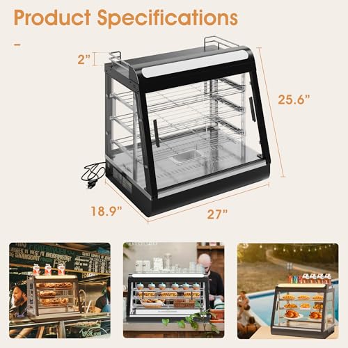 Cabinet, 27 inch Commercial Food Warming Cabinet 3 Tier Countertop Heated with Top Rack for Pizza/Pretzel Three Color Temper Glass w/Thermometer Adjustable Thermostat for Cafe Kitchen Restaurant