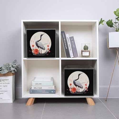 Cute Crane Bird Flowers Rose Foldable Storage Bins with Handles Storage Cubes Closet Organizer for Living Room Bedroom 2PCS